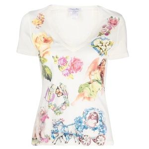 M AUTH VTG Christian Dior Floral Rose Garden  Graphic V Neck Tee Shirt Top